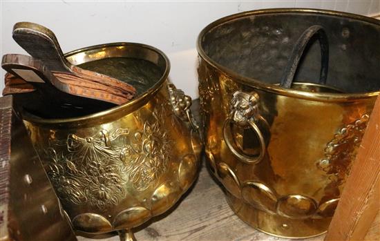 2 brass coal scuttles, preserving pan, bellows & brass sailor